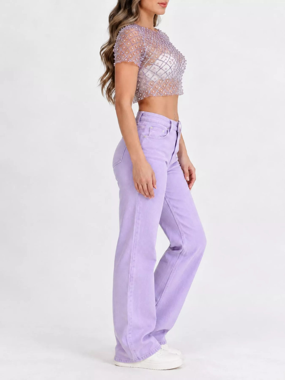 Sheer Mesh Pearl Embellished Crop Blouse in purple