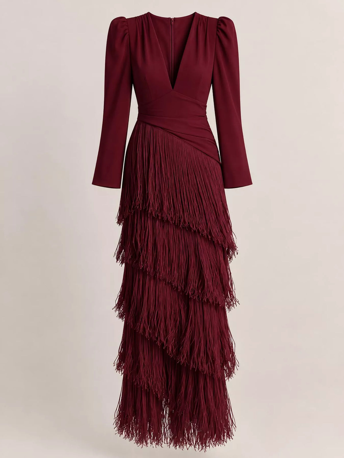 Women's Fringed V-Neck Puff Sleeve Midi Dress in burgundy — flat lay view