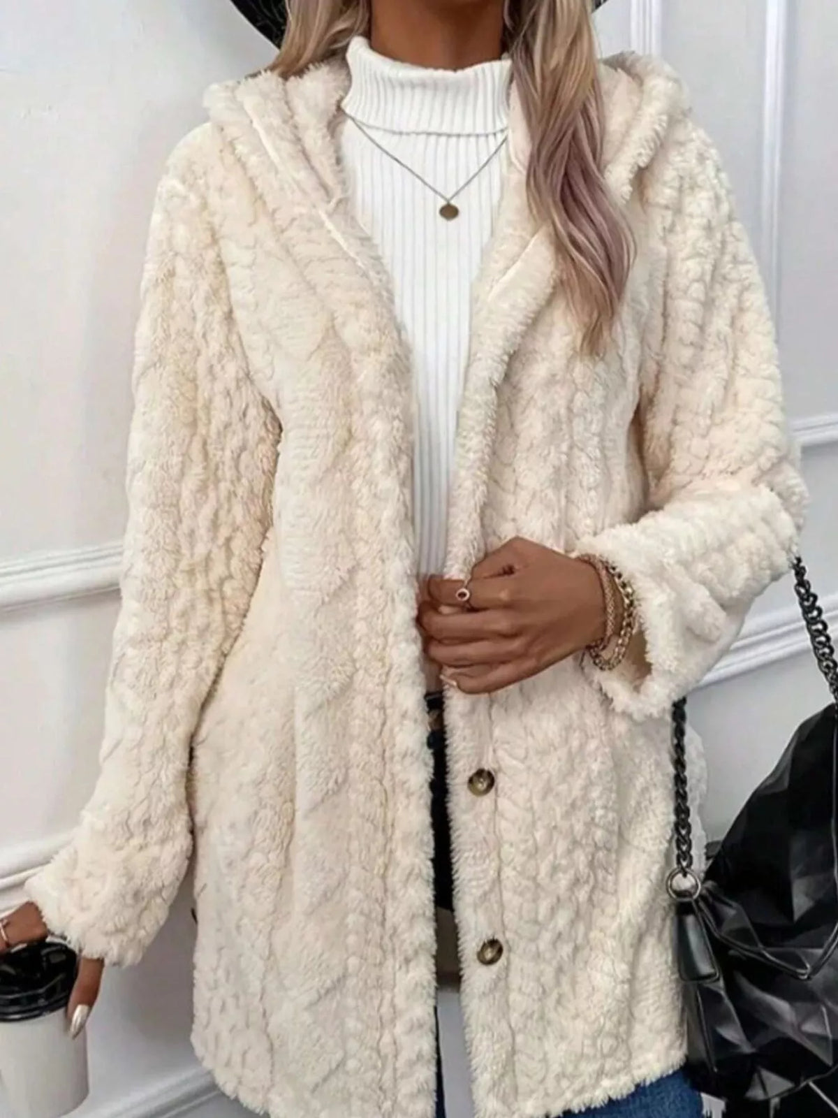 Cable-Knit Faux Shearling Hooded Jacket — front view