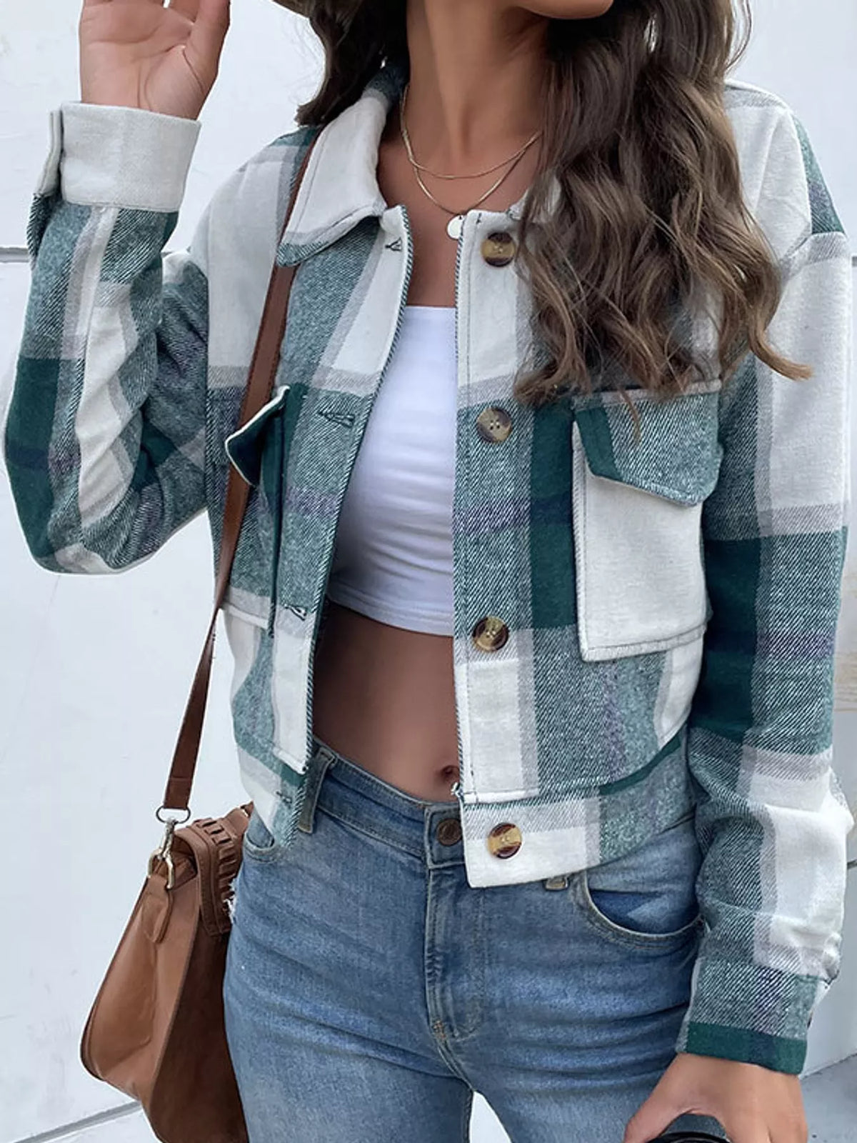 Plaid cropped jacket, green plaid cuff front