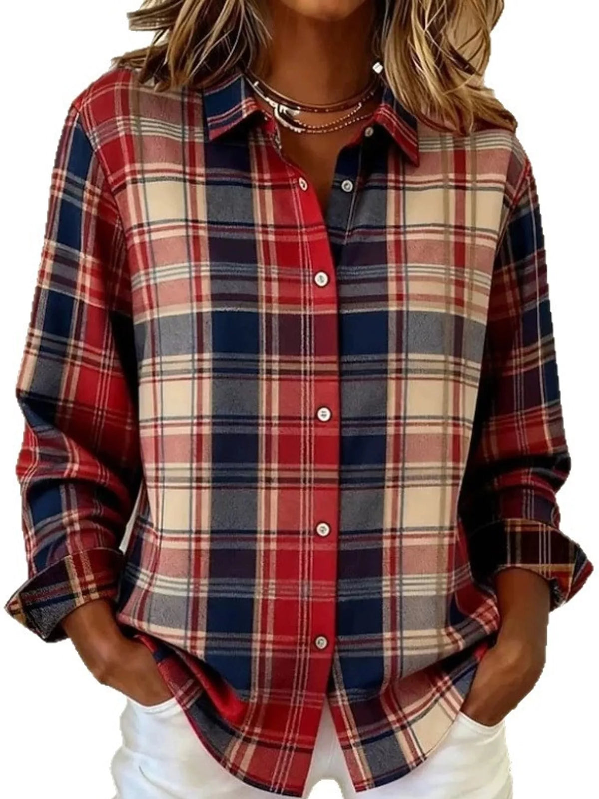 Red and navy plaid long sleeve shirt