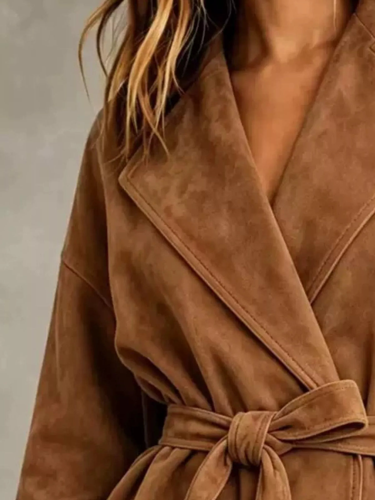 Camel tie-waist lapel collar jacket, lapels and tied belt
