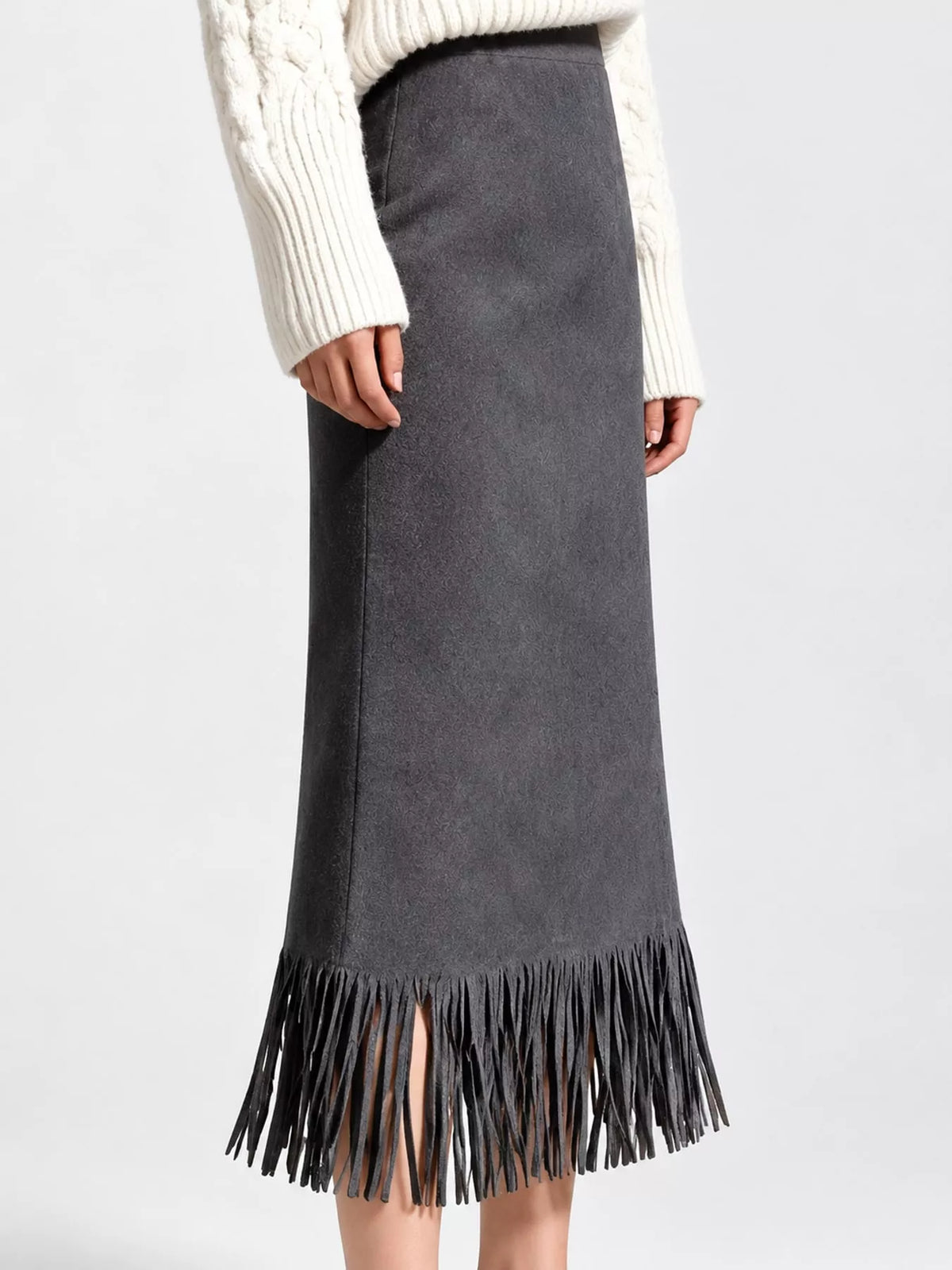 Gray fringe midi skirt, side view