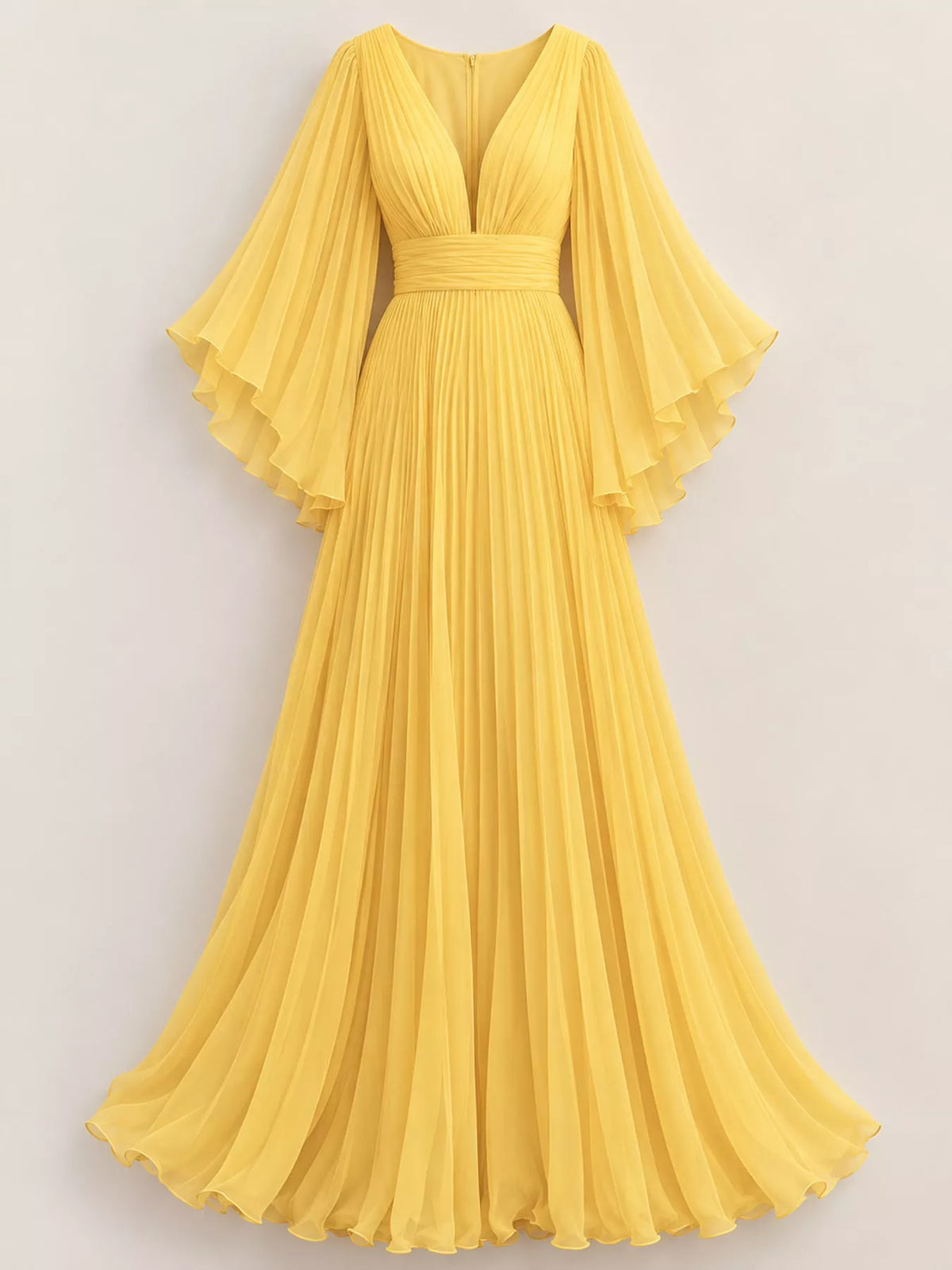 Yellow v-neck pleated maxi dress