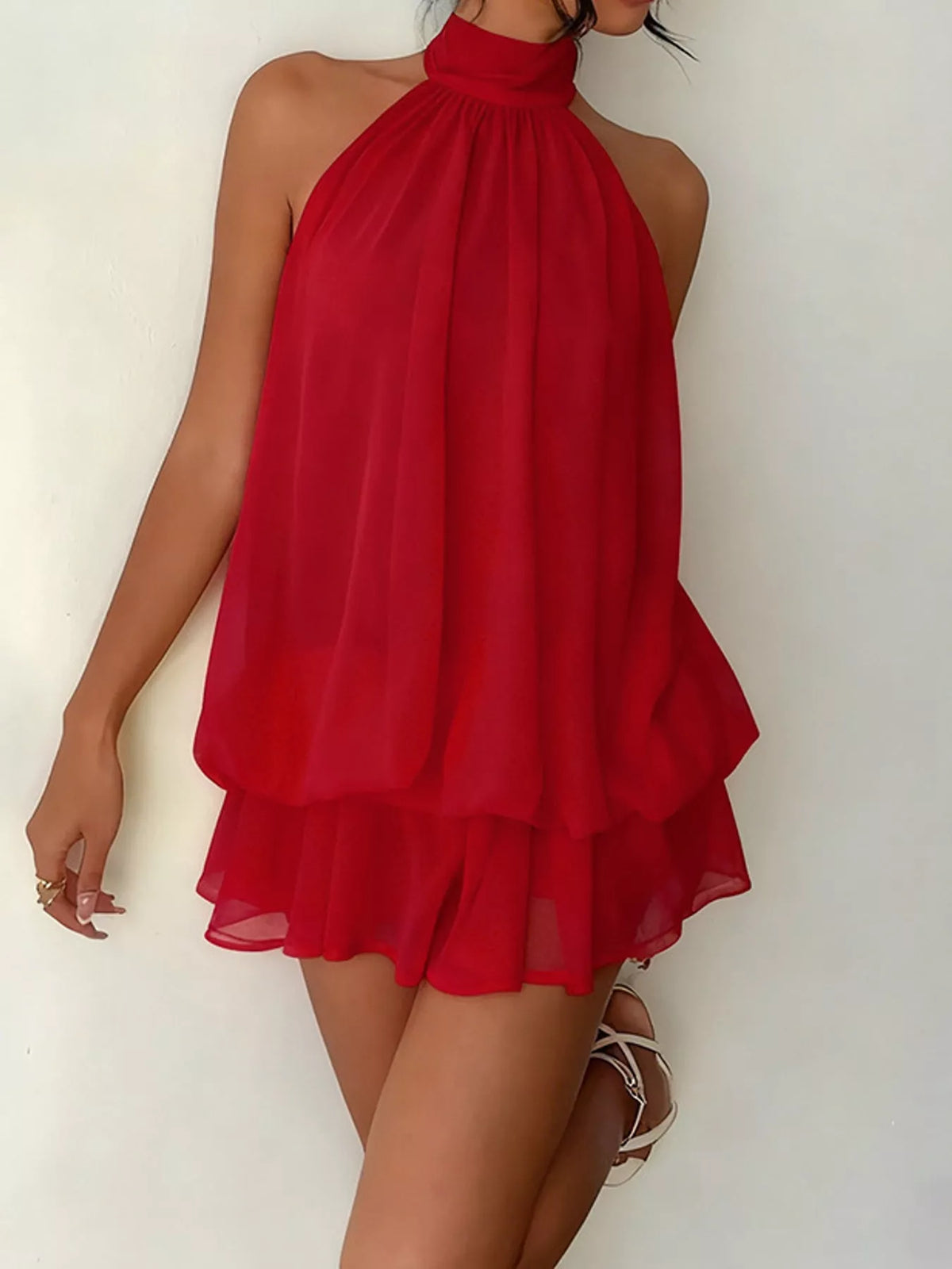 Red halter neck layered mini dress, front styled view