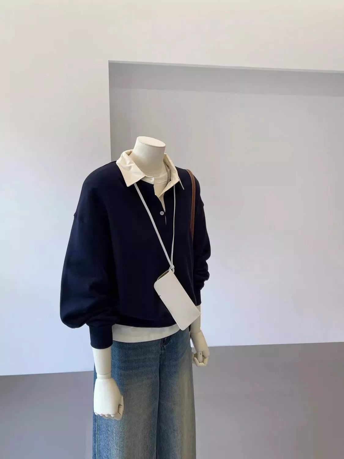 Navy polo-collar layered-look sweatshirt