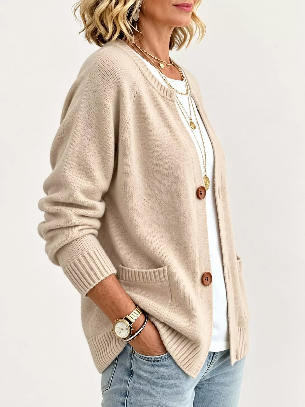 Women's Button-Down Knit Cardigan in beige — side view