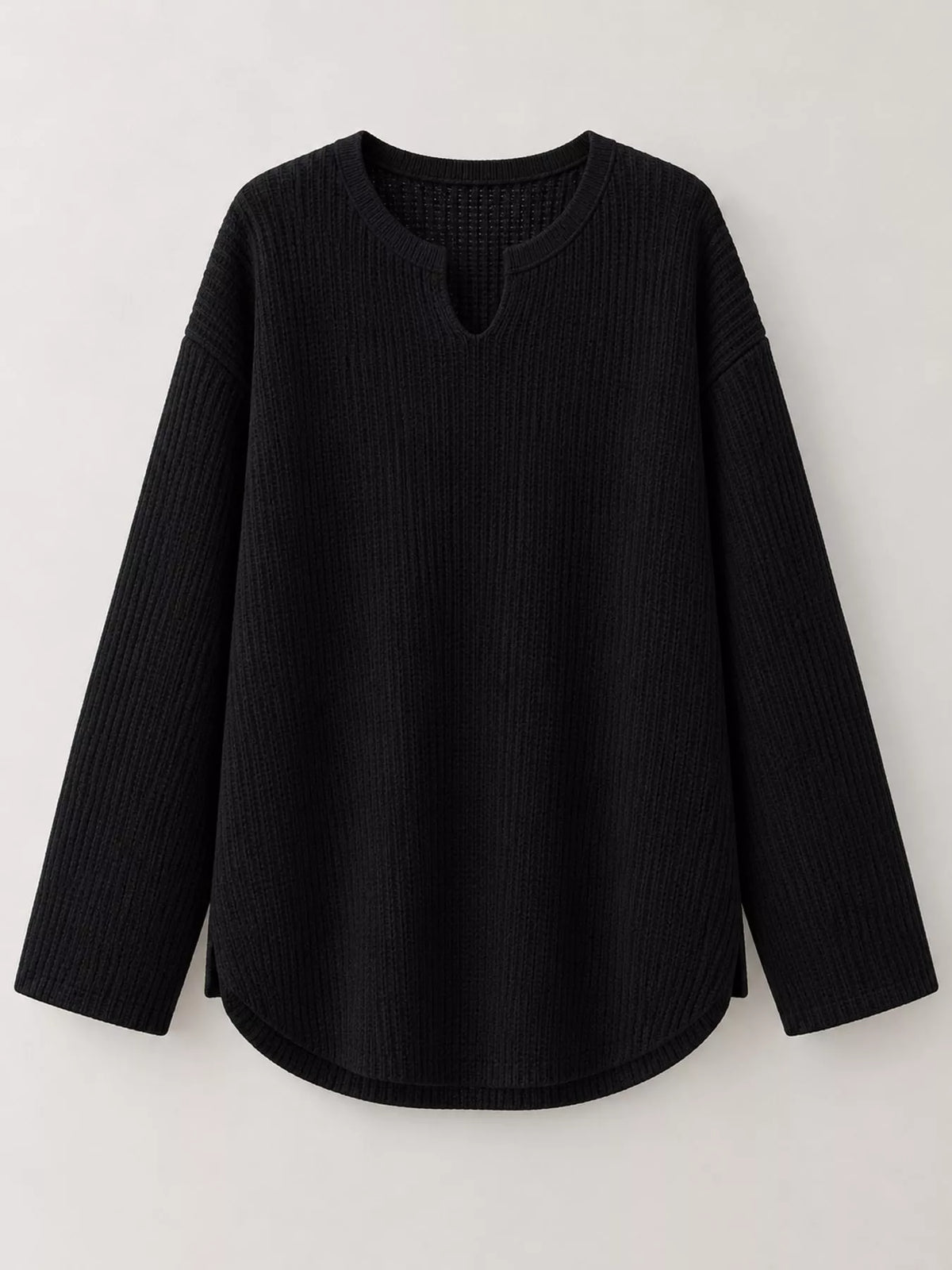 Split-Neck Waffle Knit Long Sleeve T-Shirt — garment front