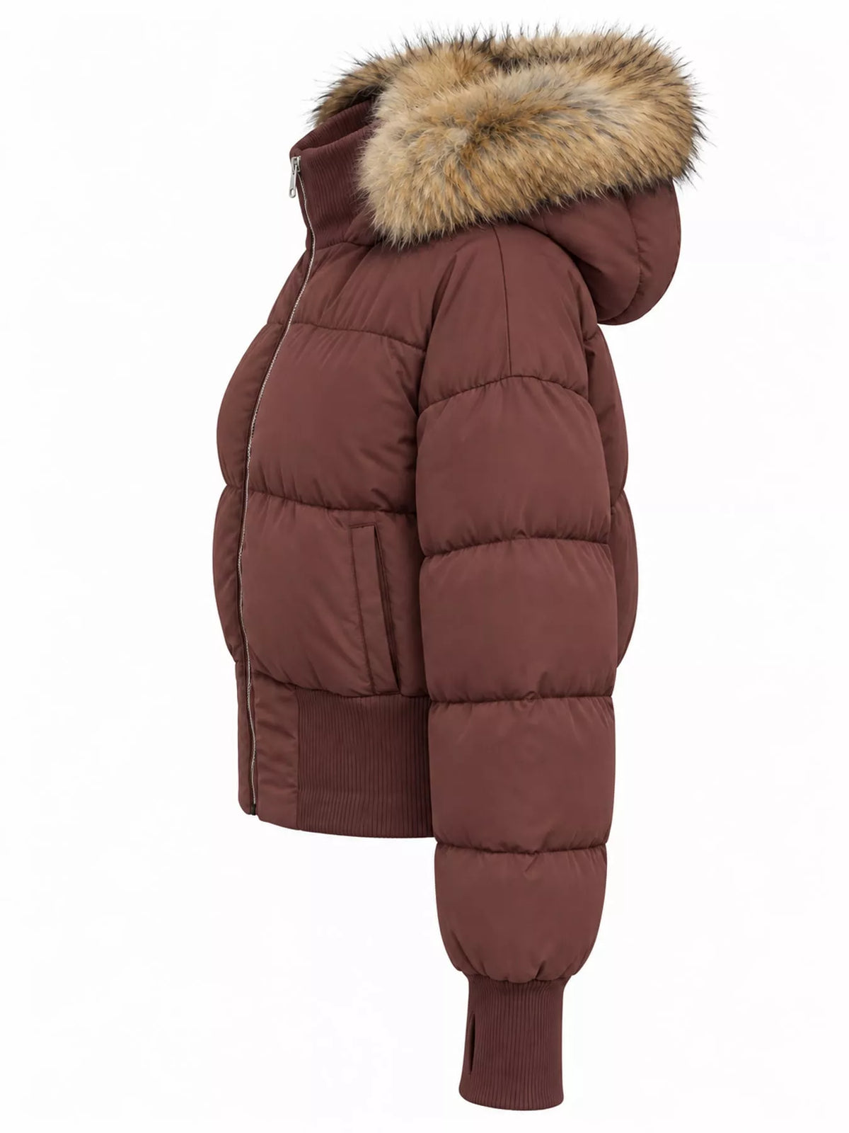 Faux Fur Hooded Puffer Jacket — side view