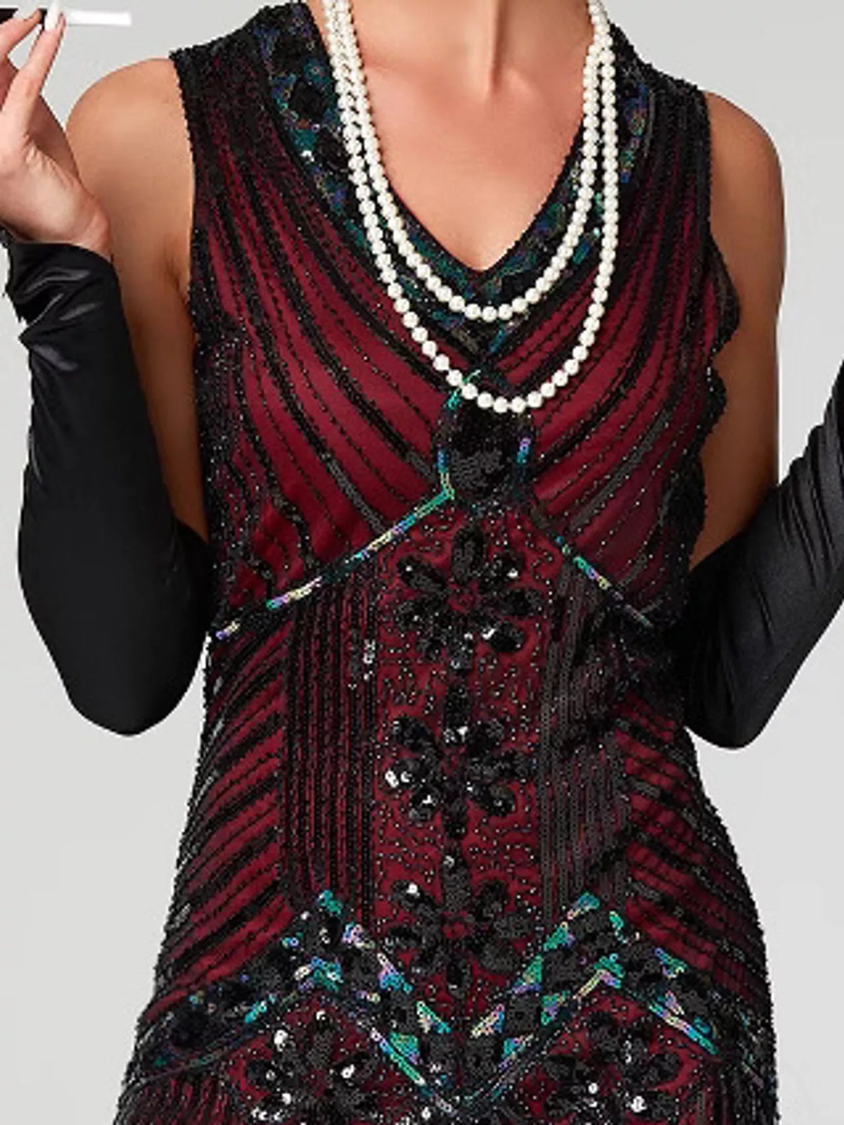 Red sequin fringe-hem dress, bodice detail