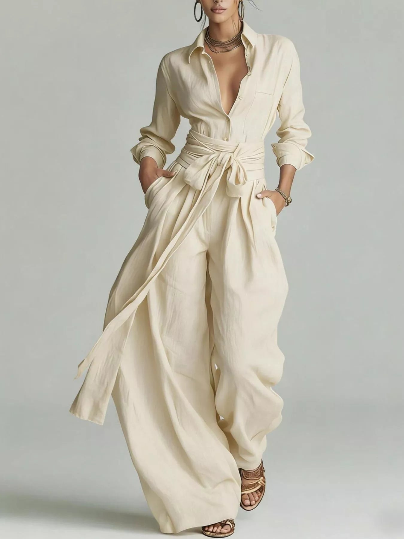Trendsi Long-Sleeve Button-Down Waist-Tie Jumpsuit -