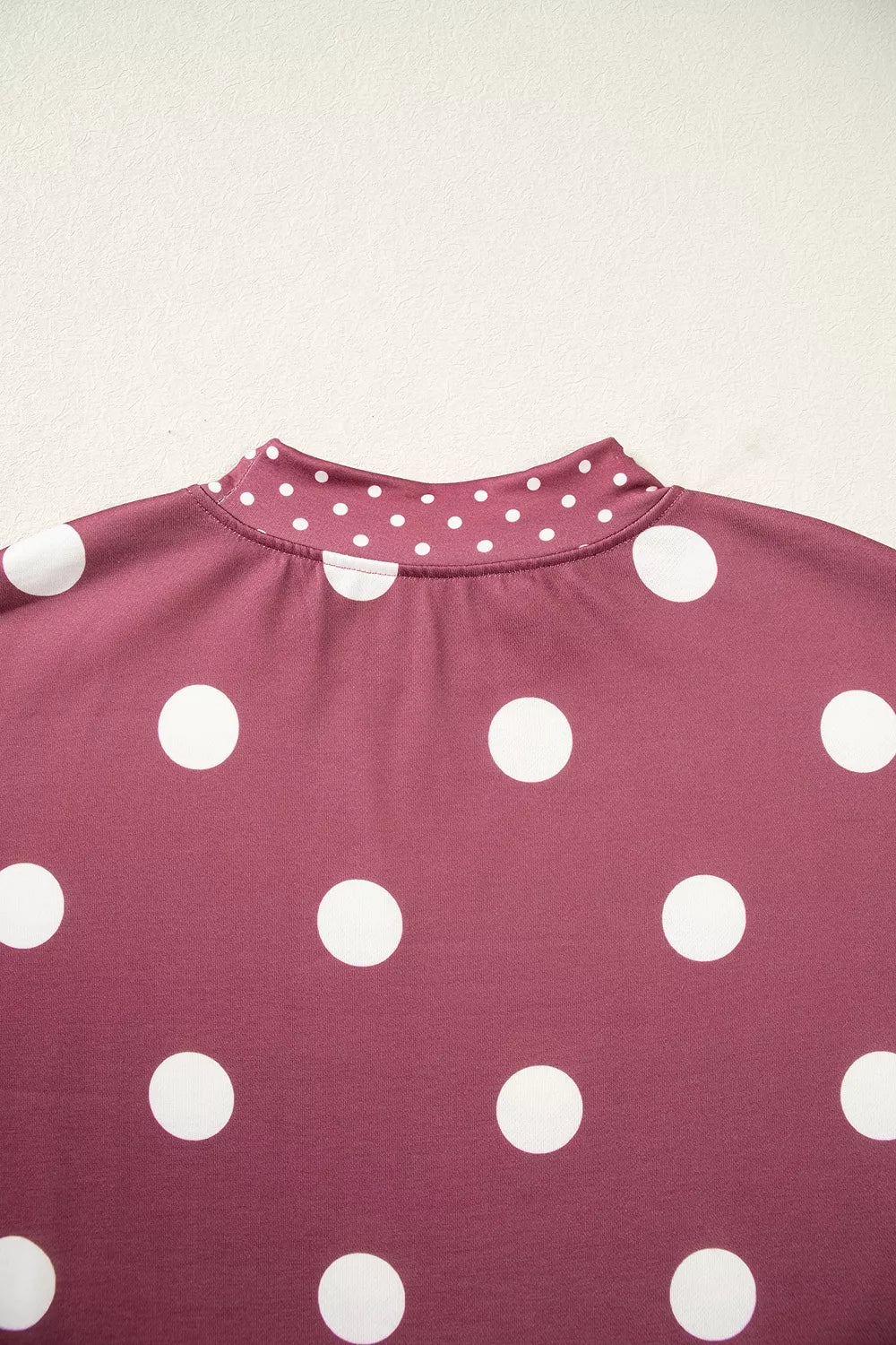 Burgundy polka dot tunic sweatshirt, back neckline detail
