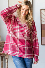 Trendsi Heimish Plaid Drop Shoulder V-Neck T-Shirt -