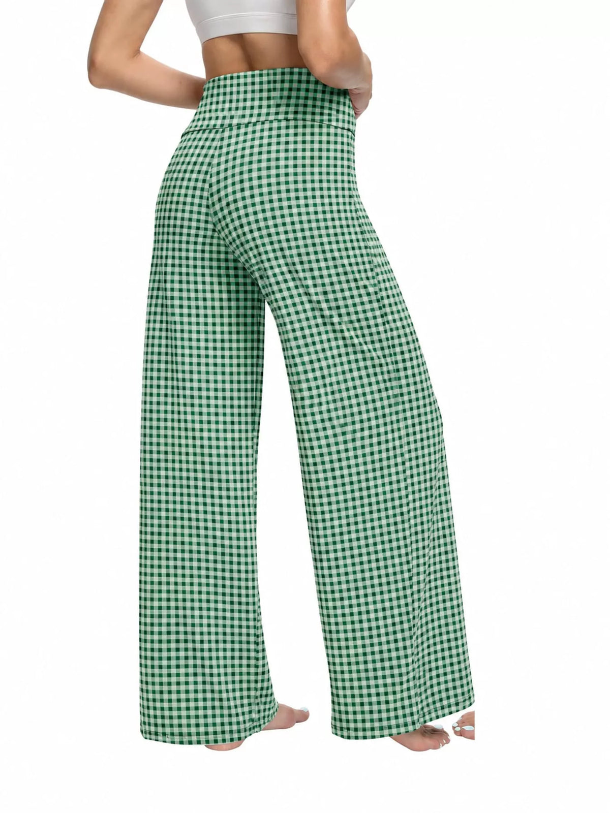 Green gingham drawstring wide-leg pants — back view