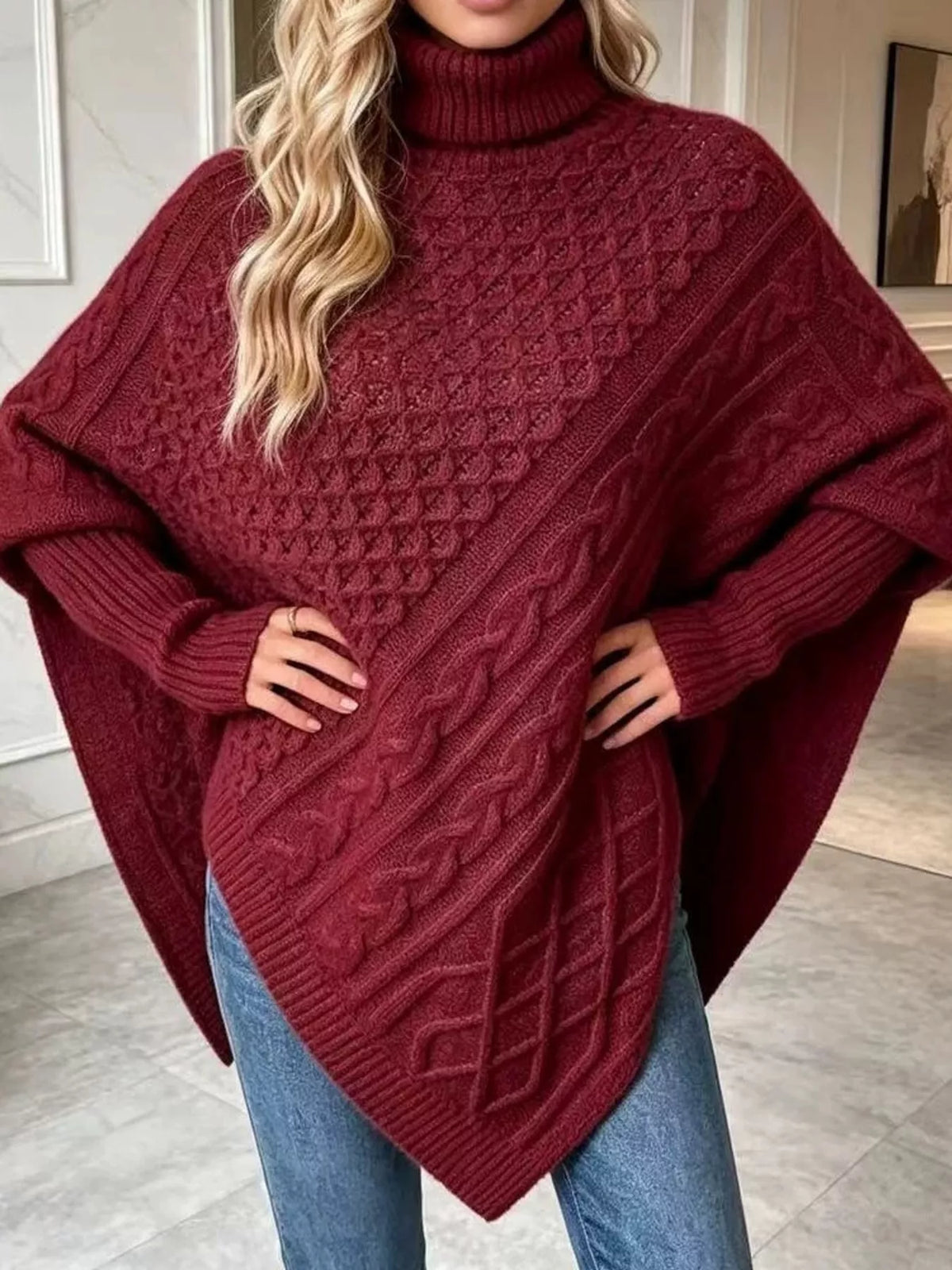 Turtleneck Cable Knit Sweater in red