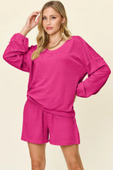 Trendsi Double Take Full Size Texture V-Neck Long Sleeve T-Shirt and Shorts Set - Shorts