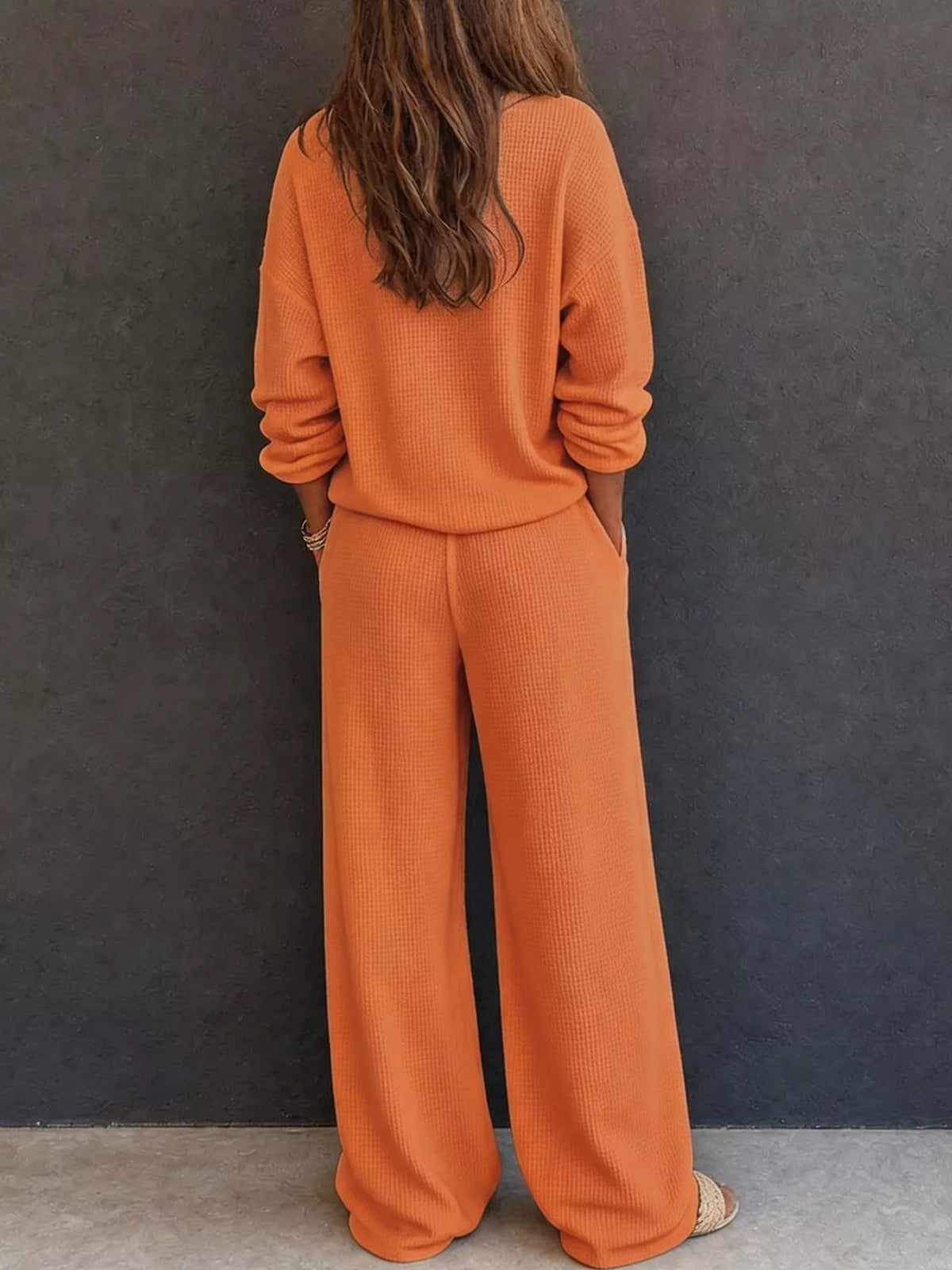 Orange waffle knit button detail top and pants set, back view