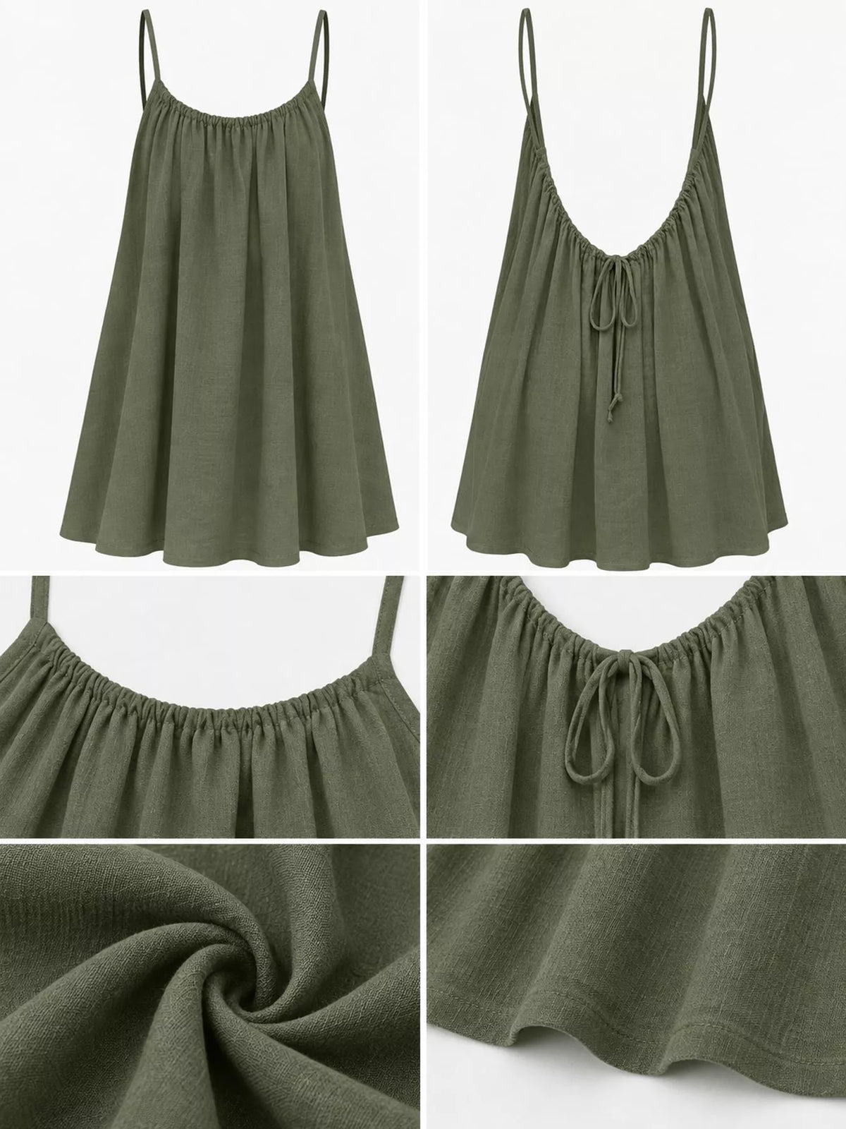 Olive spaghetti strap A-line mini dress with open tie back, front, back and construction details