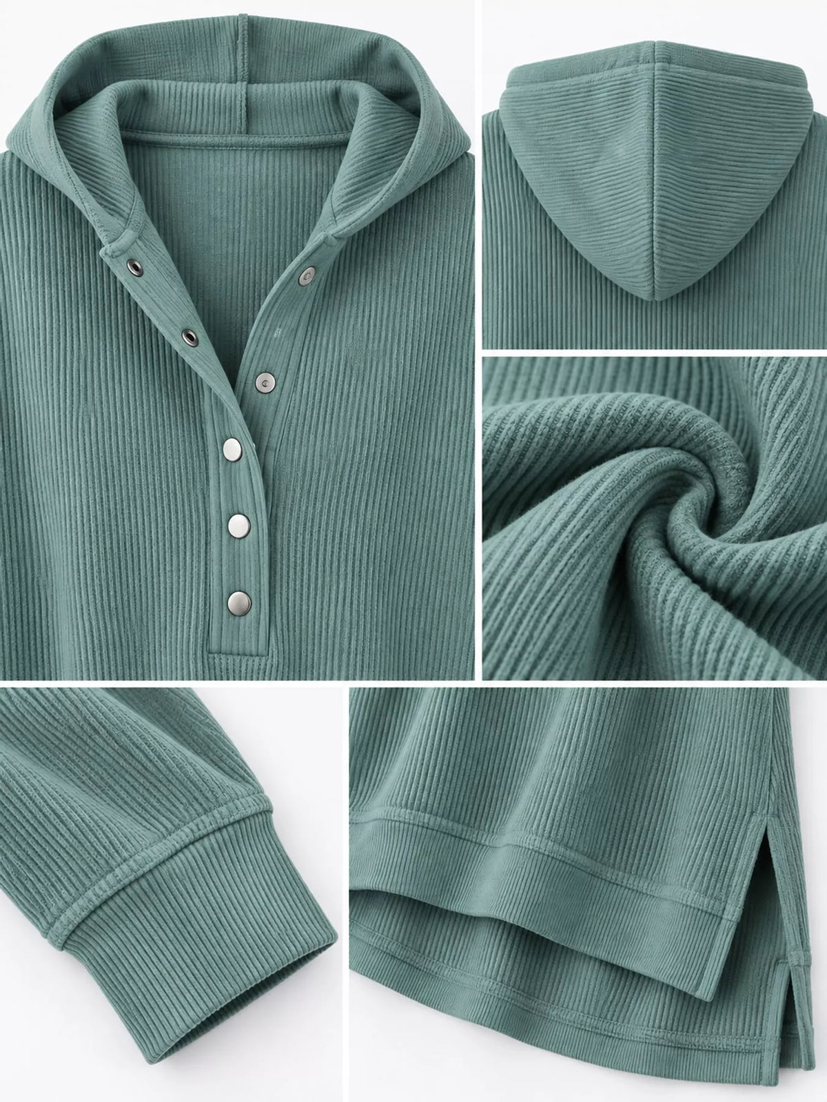 Women's Snap Button Placket Dropped Shoulder Hoodie in teal — detail collage view