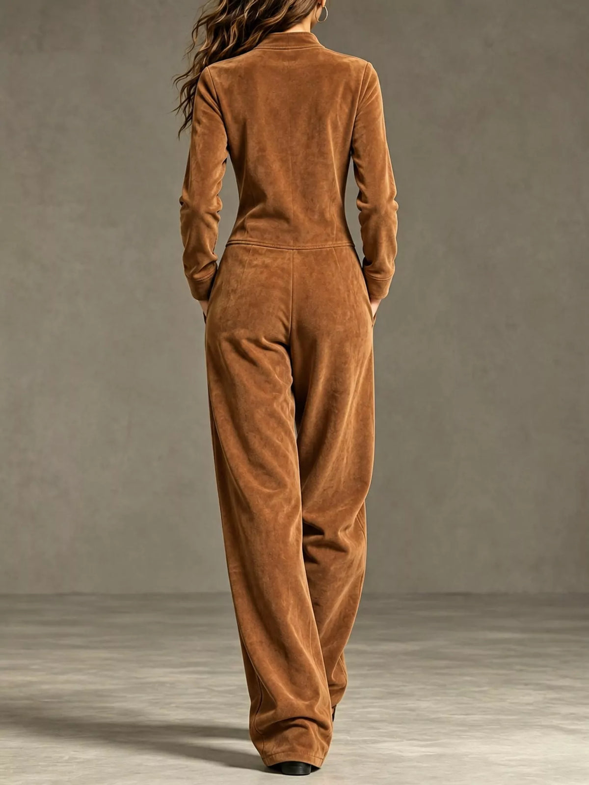Velour Zip-Up Jumpsuit with Pockets, back view