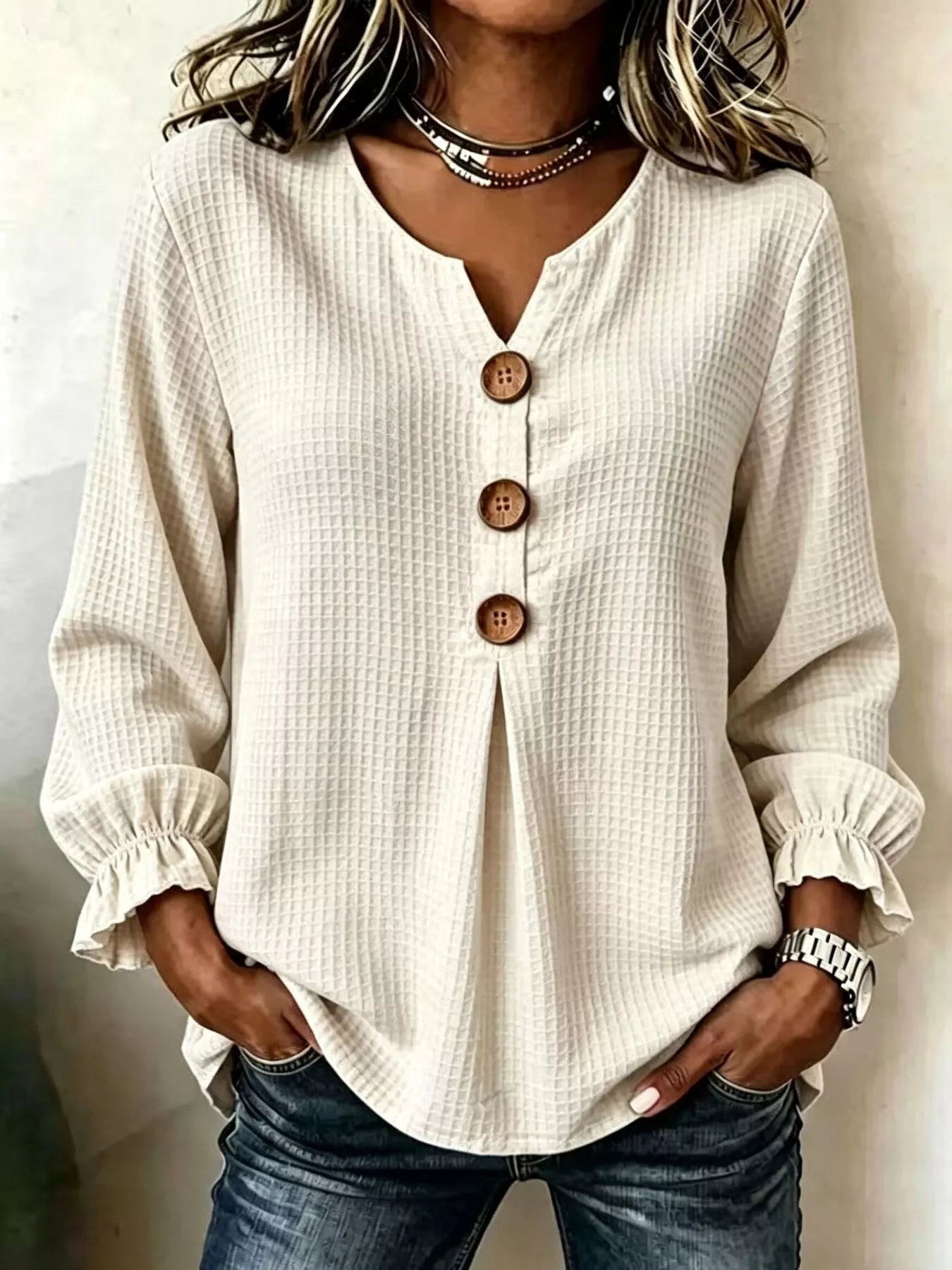 Waffle-knit long sleeve top