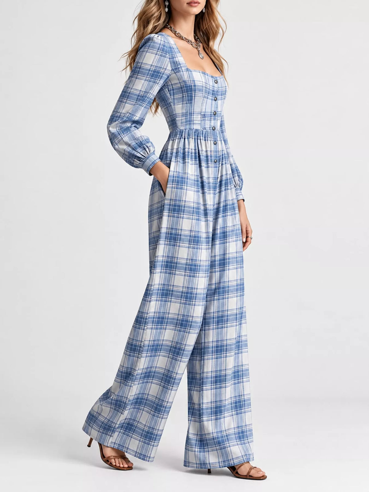 Plaid jumpsuit, light blue side