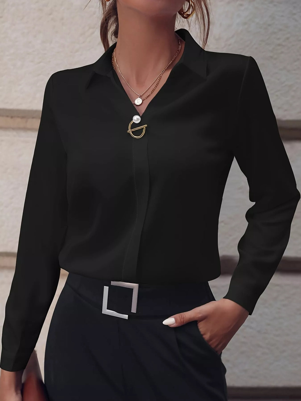 Women's Collared Clasp Detail Long Sleeve Satin Blouse in black — front view