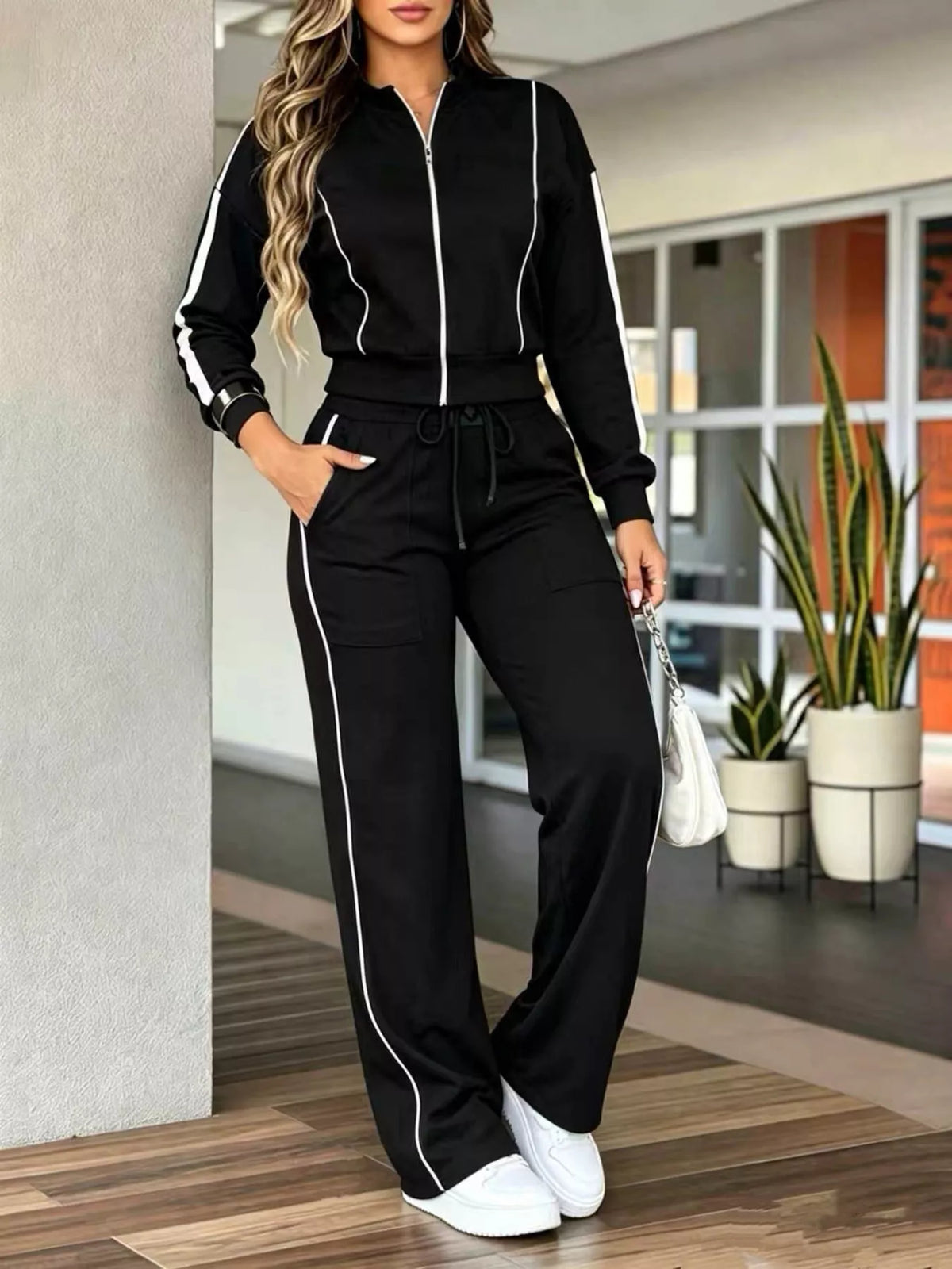 Contrast Zip Up Top and Pants Set in black, front view