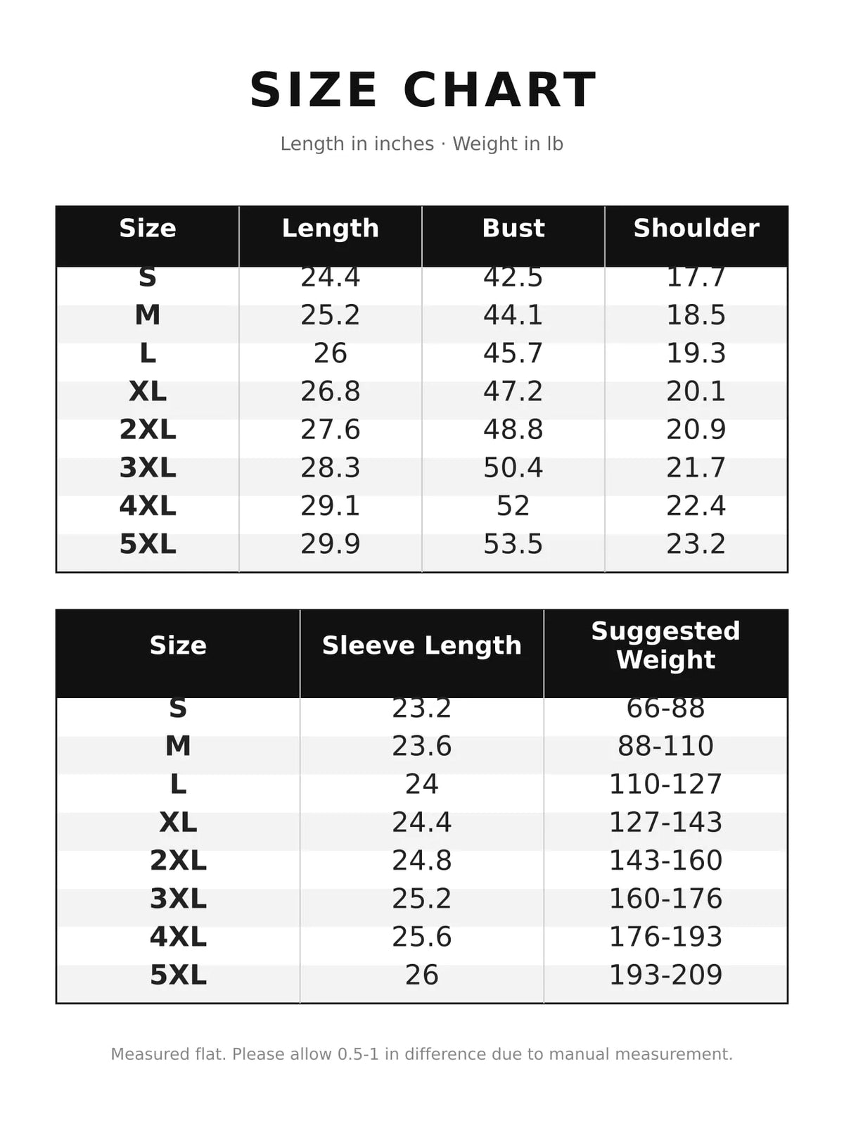 Zip-up hoodie, size chart
