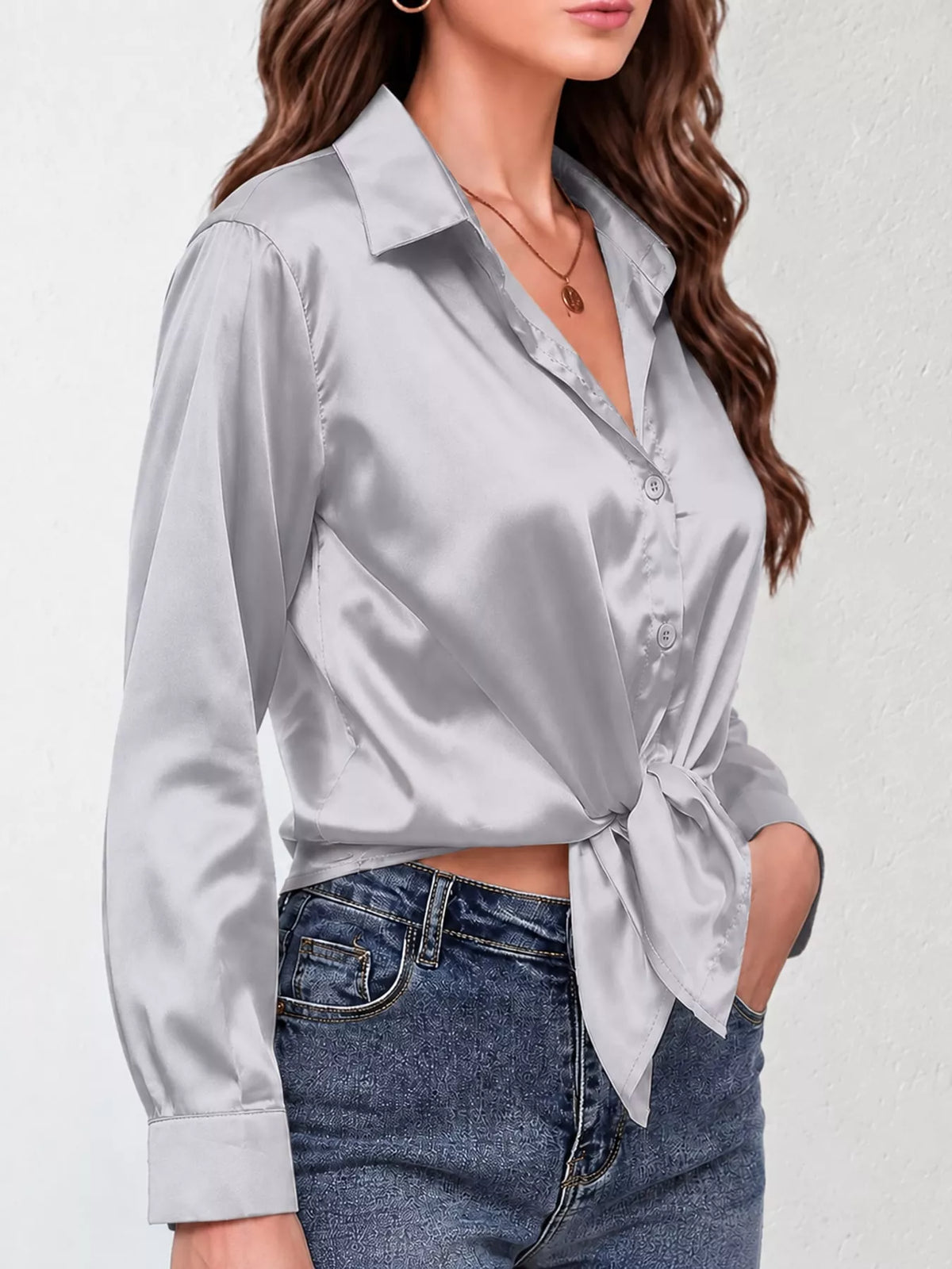 Gray satin button-down long sleeve shirt