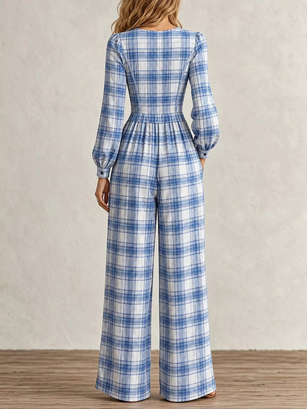 Plaid jumpsuit, light blue back