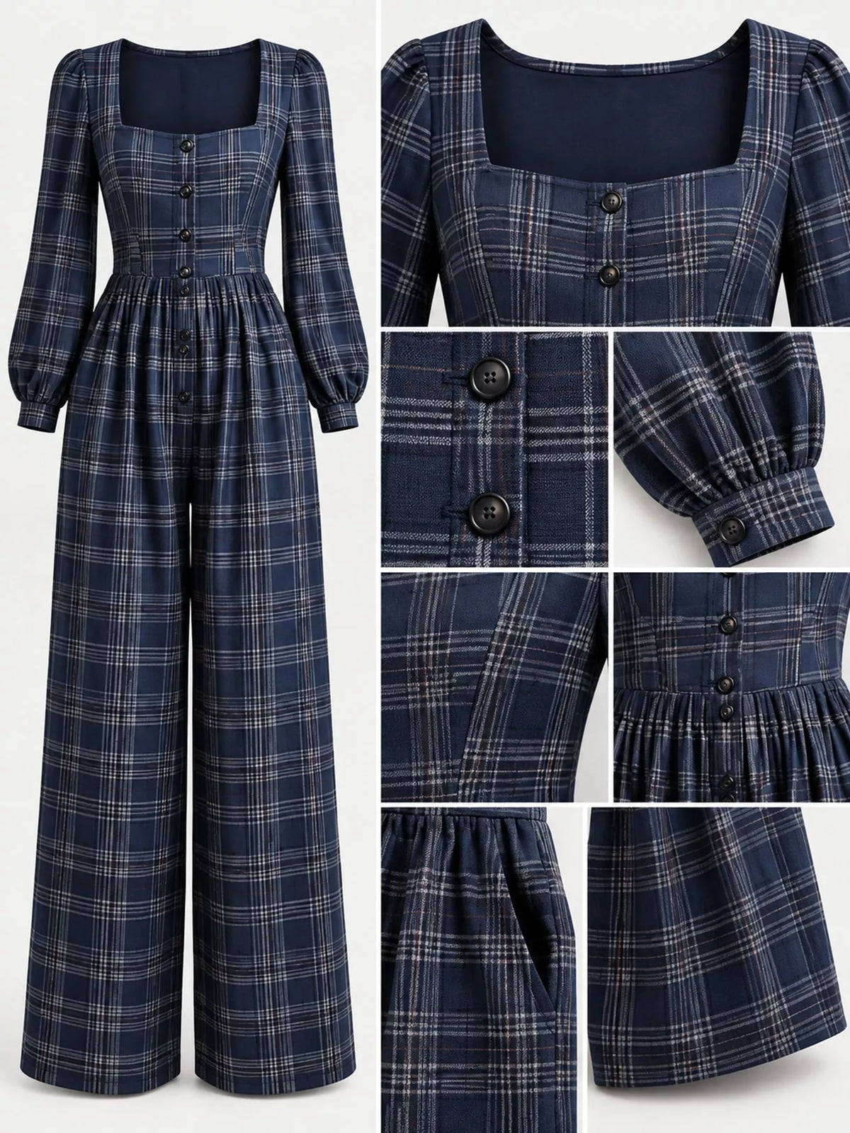 Plaid jumpsuit, navy button cuff detail collage