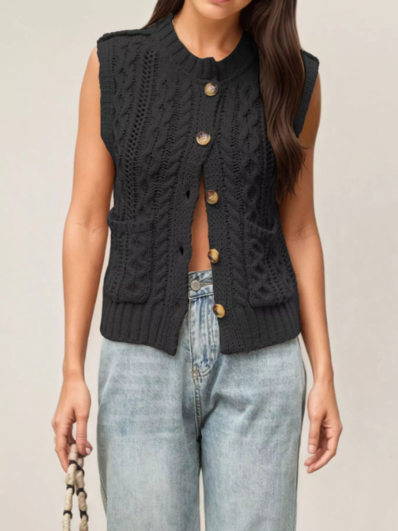 Trendsi Cable-Knit Button-Down Sweater Vest -