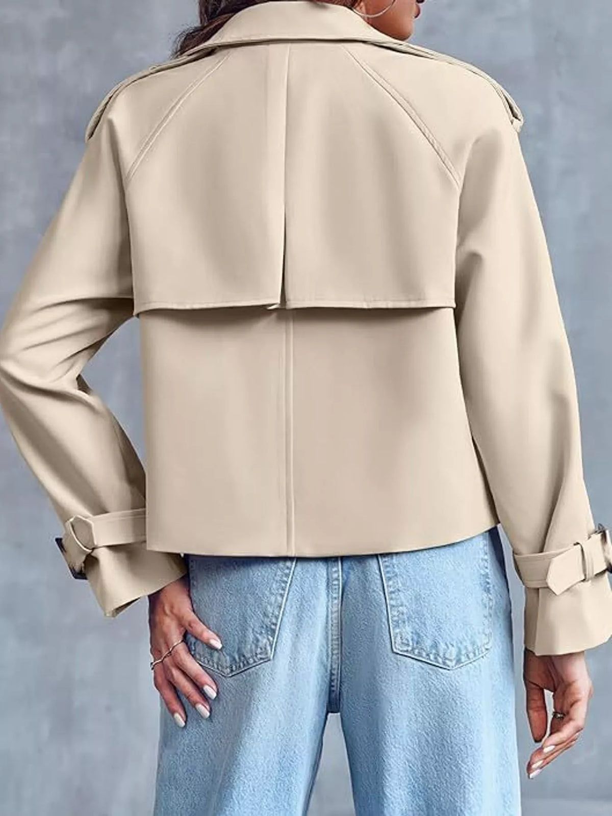Women's Double-Breasted Cropped Trench Coat in beige — back view