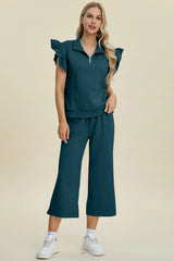Trendsi Double Take Full Size Texture Ruffle Short Sleeve Top and Wide Leg Pants Set -