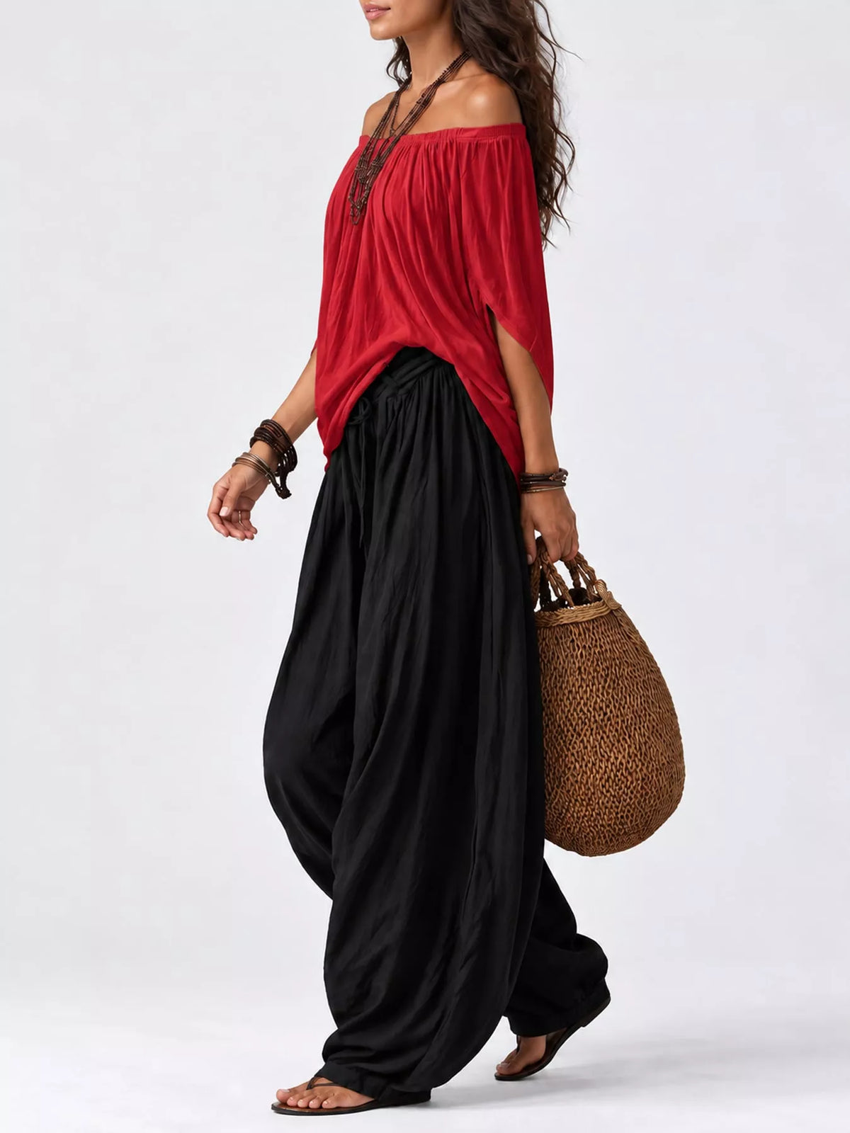 Red top and black pants off-shoulder top and wide-leg harem pants set — side view