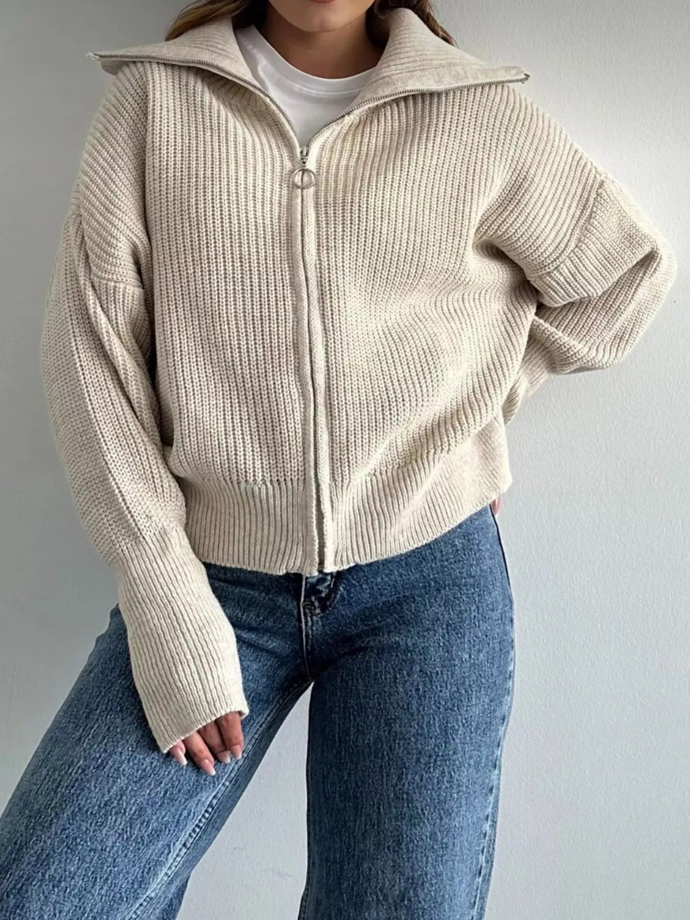 Trendsi Zip Up Dropped Shoulder Cardigan -