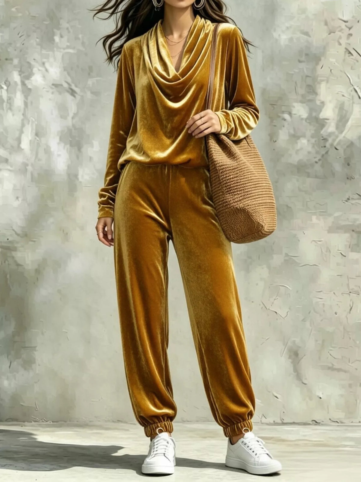 Gold velvet cowl neck top and pants set, front view