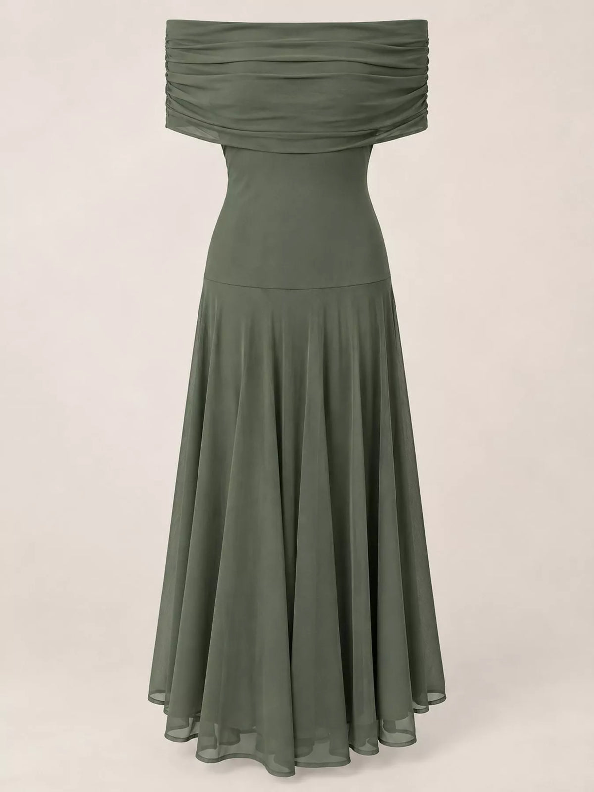 Green off-shoulder ruched maxi dress — front view