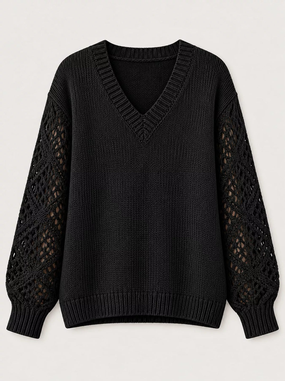 Black v neck openwork long sleeve sweater, front view