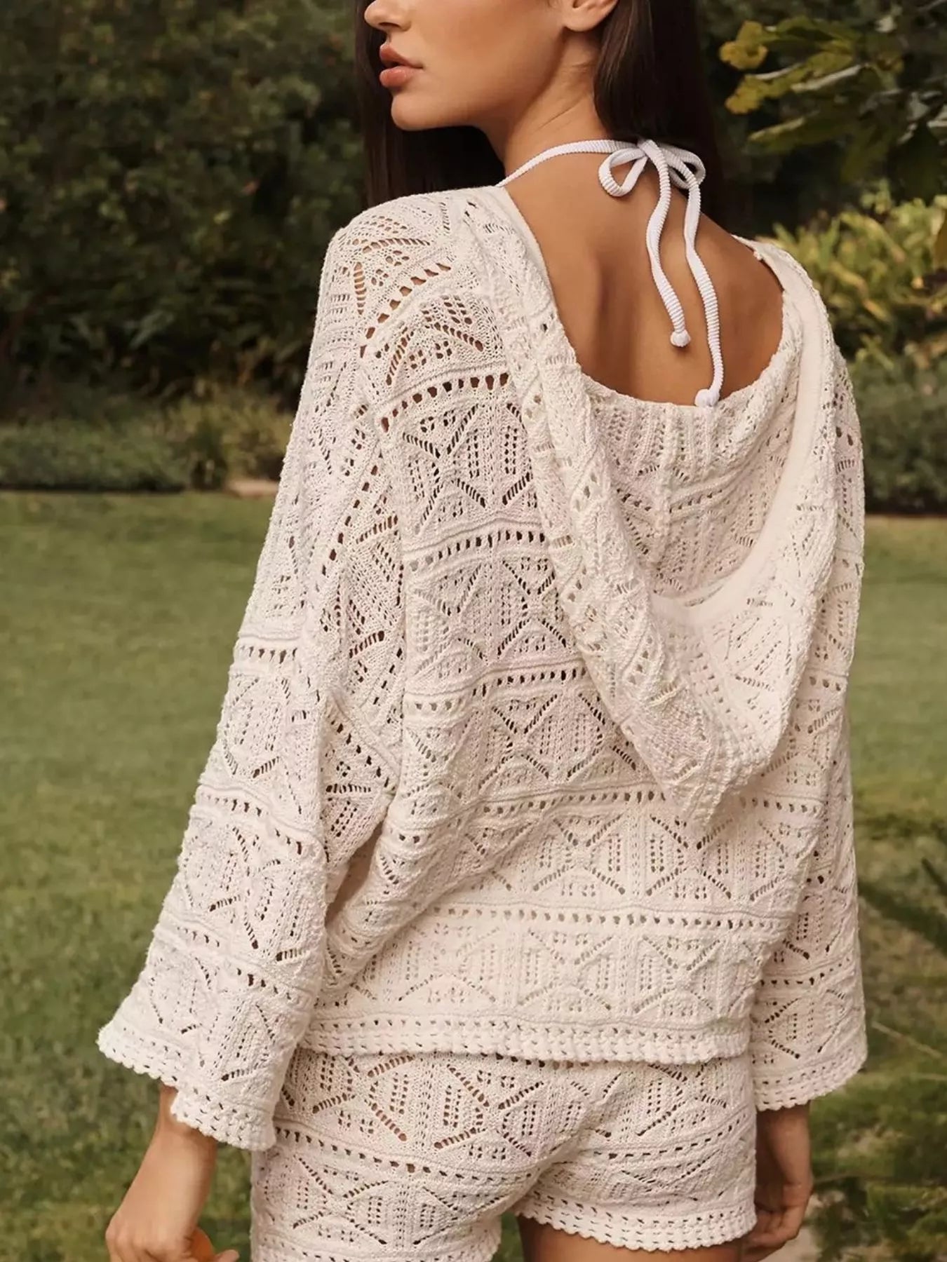 Trendsi Openwork Hooded Knit Top and Shorts Set -