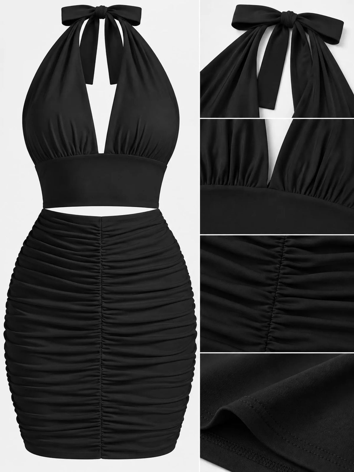 Black halter crop top and ruched bodycon mini skirt set, halter ties, gathered bodice, and ruched skirt