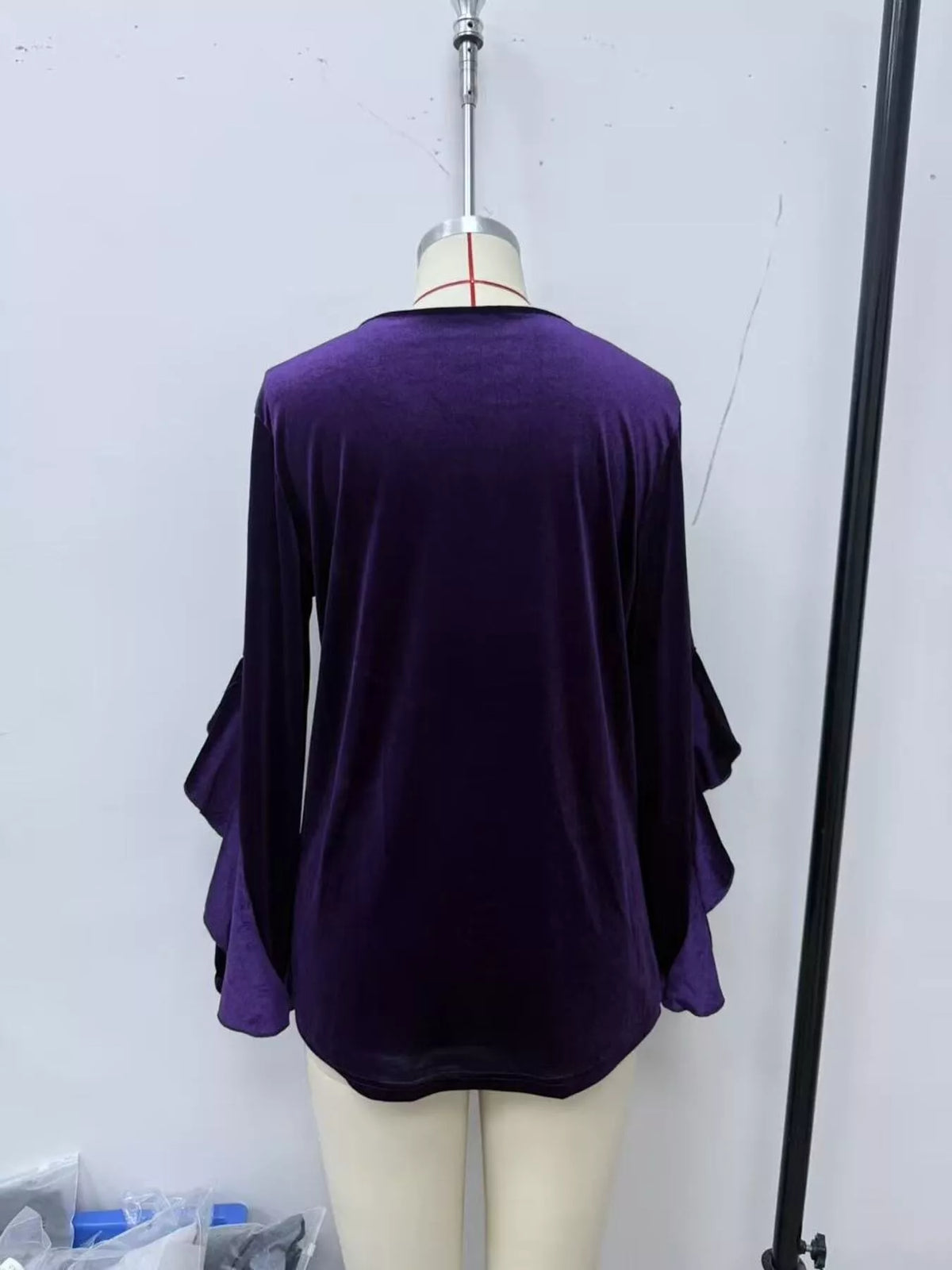 Women's Velvet Round Neck Ruffle Sleeve Top in Plum Purple, back view