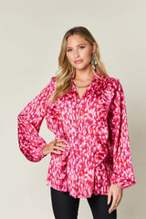 Trendsi Double Take Full Size Printed Ruffle Trim Balloon Sleeve Shirt -