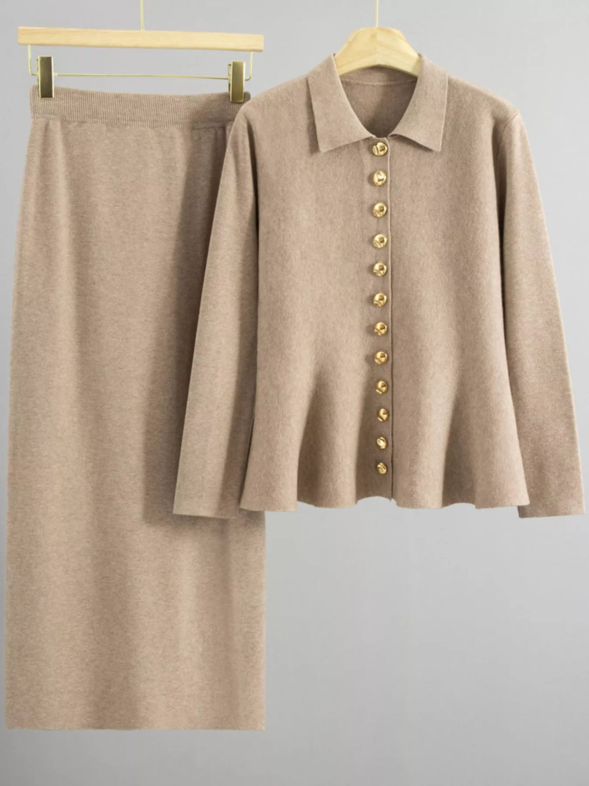 Khaki cardigan and skirt set, product view