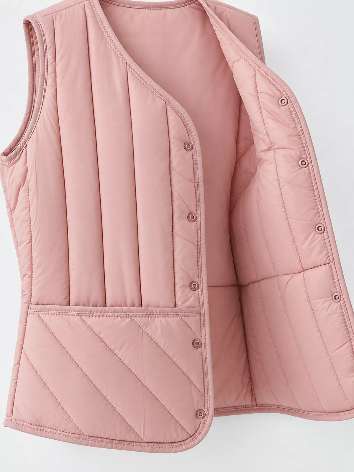 Quilted Button Up Vest in pink, front view