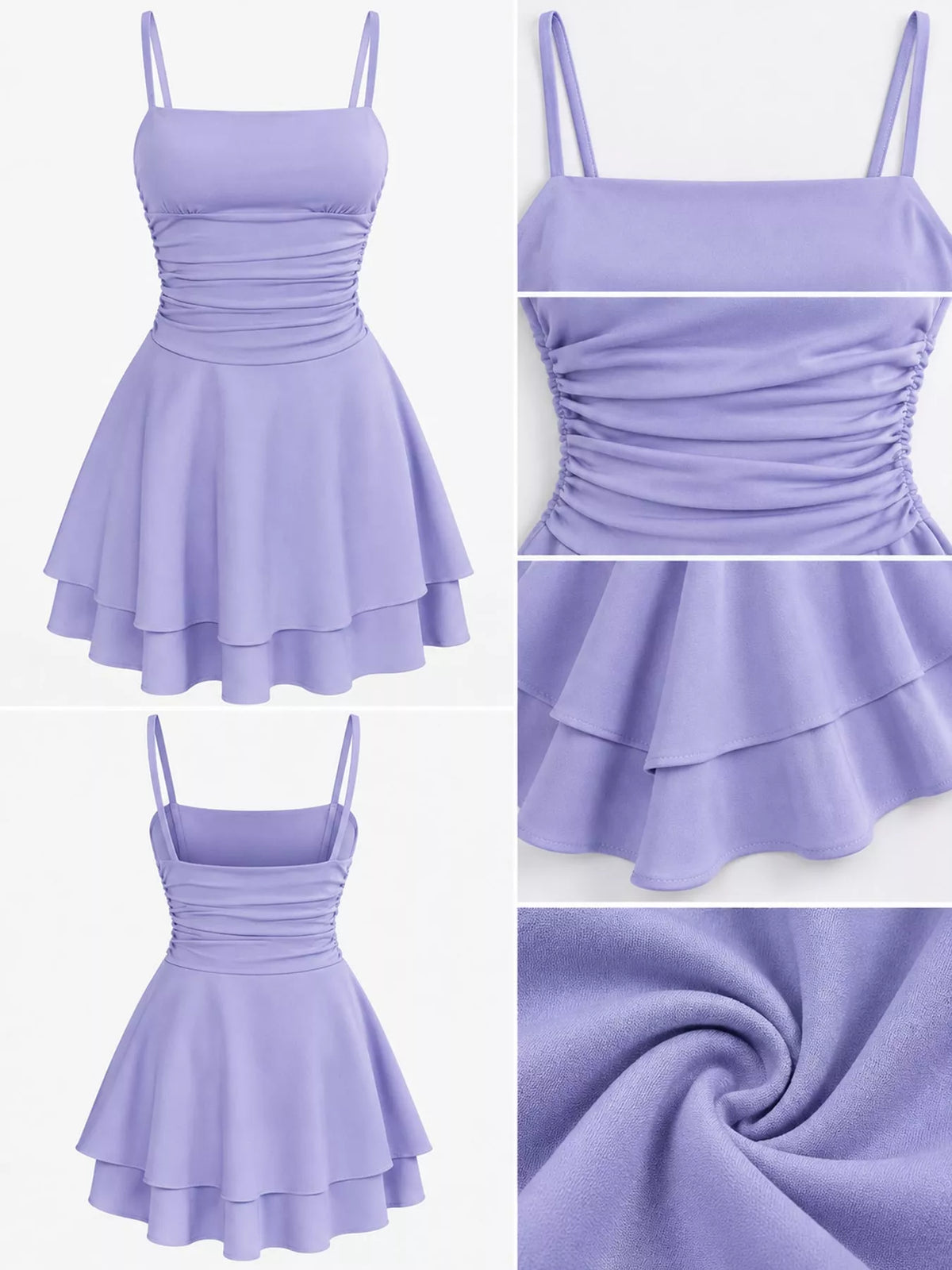 Purple ruched spaghetti strap layered mini dress, front, back and detail collage