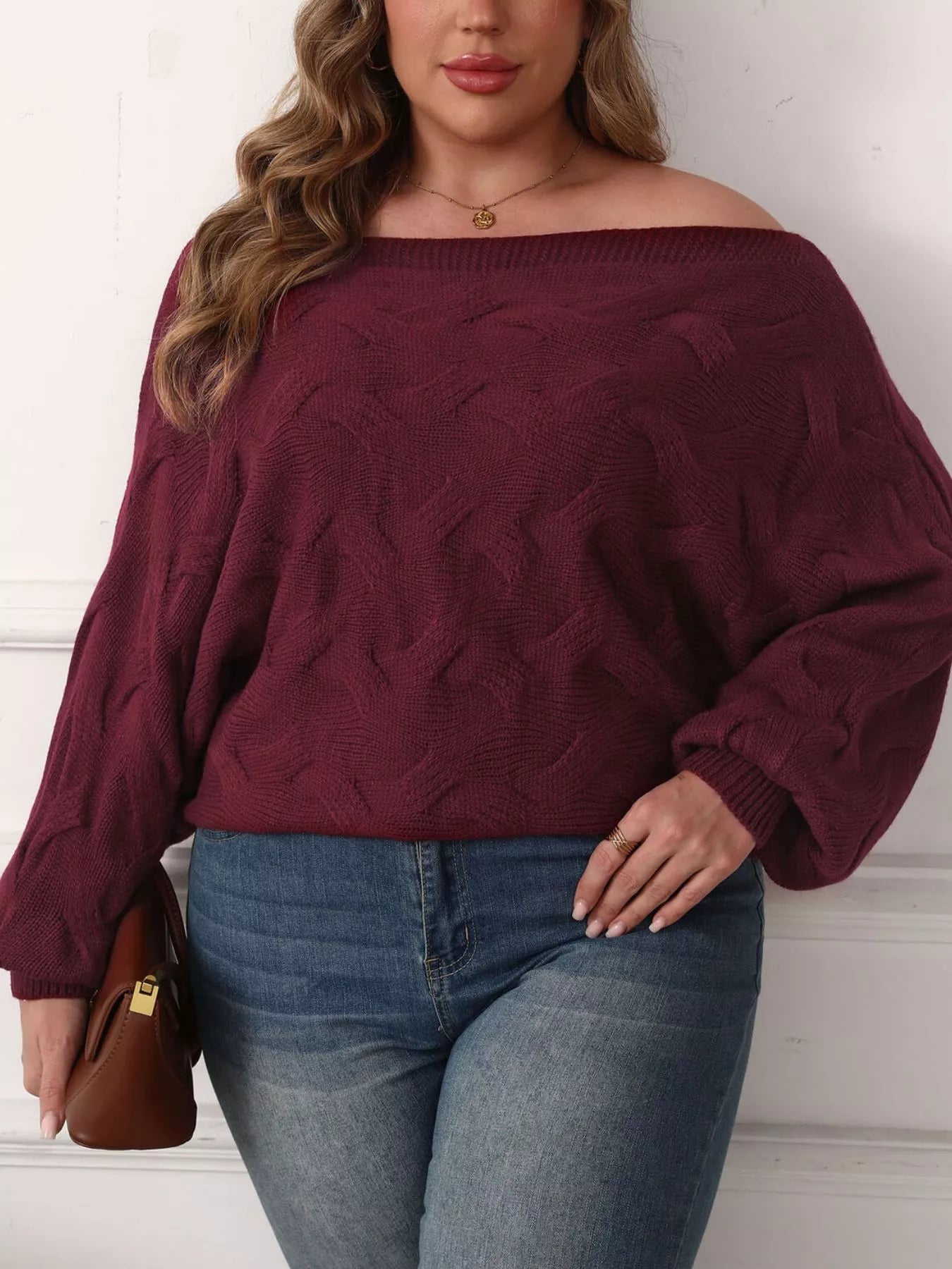 Trendsi Plus Size Off-Shoulder Long Sleeve Sweater -