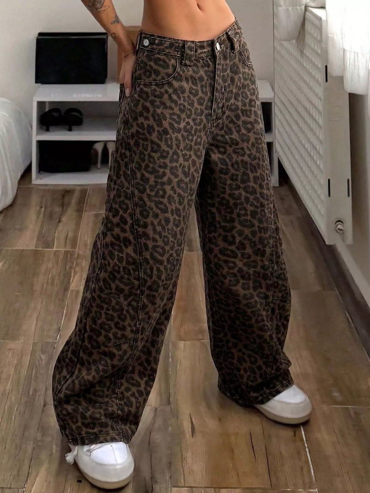 Women's High-Waisted Leopard Wide-Leg Jeans in Green, back view