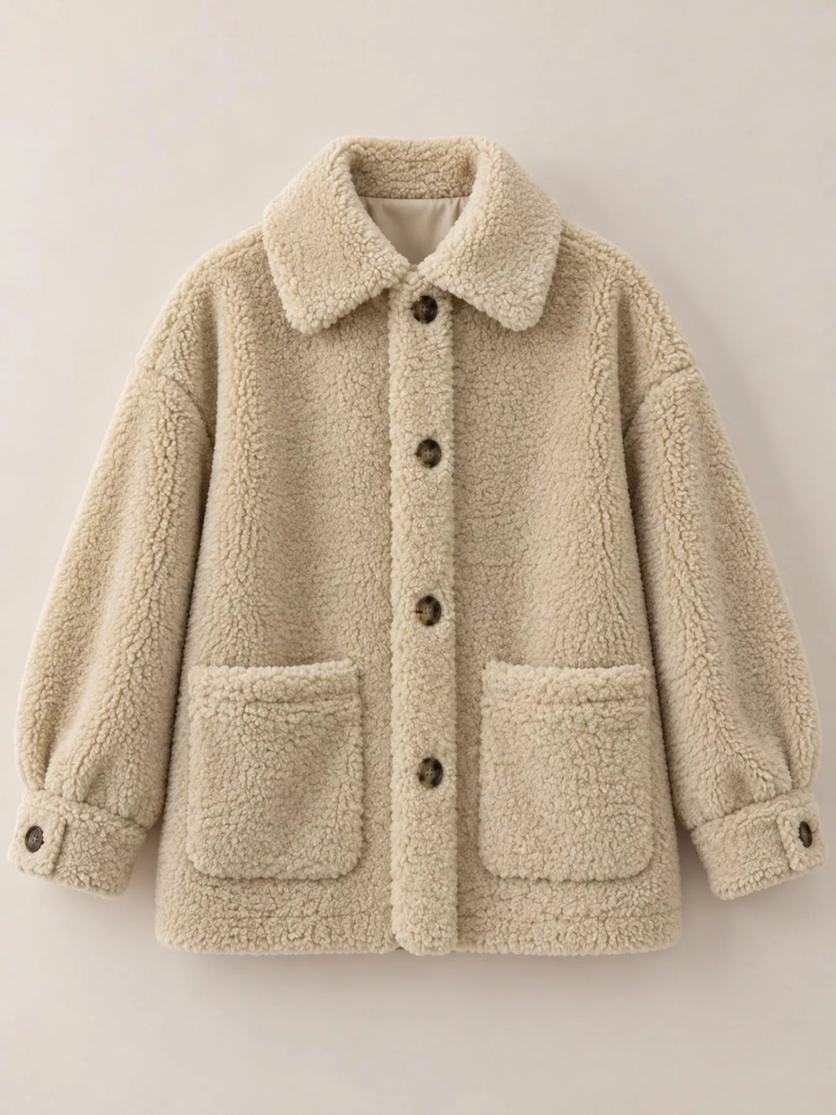Beige button-down teddy jacket — front view
